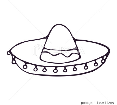 Hand drawn Mexican sombrero hat with pom poms doodle illustration isolated on white background Hand drawn Mexican sombrero hat with pom poms doodle illustration isolated on white background 140611269