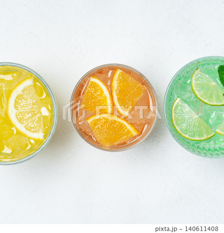 Colorful citrus beverages top view Colorful citrus beverages top view 140611408
