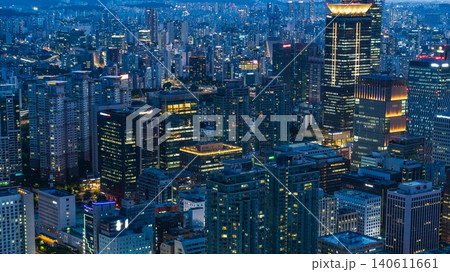 High-angle panoramic view of Yeouido financial district skyscrapers at sunset in Seoul, South Korea High-angle panoramic view of Yeouido financial district skyscrapers at sunset in Seoul, South Korea 140611661