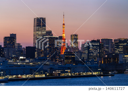 東京タワーと東京湾岸の夕暮れ夜景 東京タワーと東京湾岸の夕暮れ夜景 140611727
