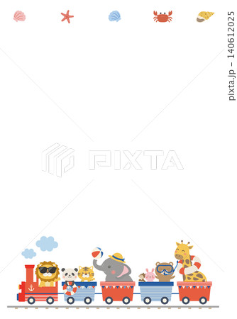 【ベクター】コピースペース付きの夏の海と動物汽車 かわいいキッズ向け背景イラスト(縦長) 【ベクター】コピースペース付きの夏の海と動物汽車 かわいいキッズ向け背景イラスト(縦長) 140612025