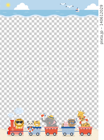 【ベクター】コピースペース付きの夏の海と動物汽車 かわいいキッズ向け背景イラスト(縦長) 【ベクター】コピースペース付きの夏の海と動物汽車 かわいいキッズ向け背景イラスト(縦長) 140612029