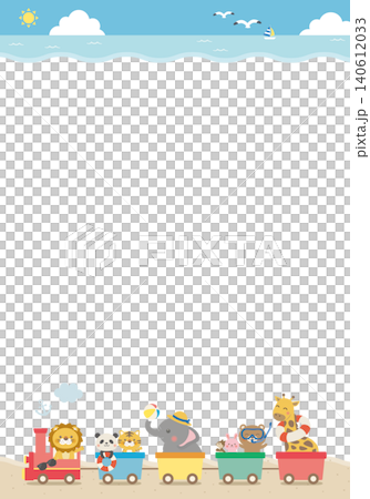 [Vector] Cute background illustration for kids (vertical) featuring a summer sea and animal train with copy space. 140612033