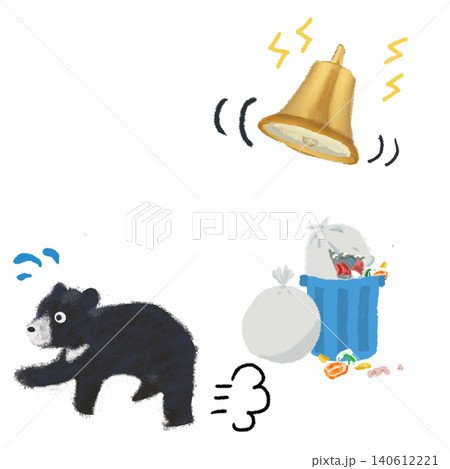熊鈴の音でゴミ箱から逃げるクマのイラスト 熊鈴の音でゴミ箱から逃げるクマのイラスト 140612221