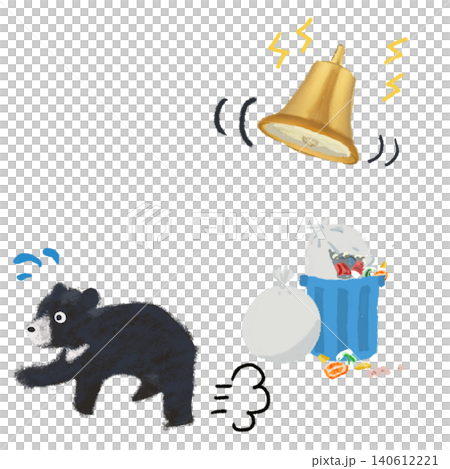 熊鈴の音でゴミ箱から逃げるクマのイラスト 熊鈴の音でゴミ箱から逃げるクマのイラスト 140612221