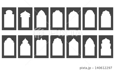 Islamic Ramadan frame shapes with Arabic pattern. Arch frames of door and window with Indian ornament for oriental collage design. Vector Muslim traditional decoration. 140612297