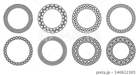 Circle Greek pattern frames with Roman ornament. Round vector border with meander motif. Circular geometric traditional retro style. Neoclassical spartan ethnic design Circle Greek pattern frames with Roman ornament. Round vector border with meander motif. Circular geometric traditional retro style. Neoclassical spartan ethnic design 140612305