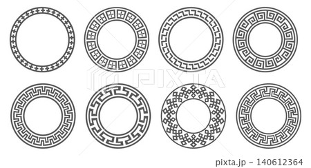 Circle Greek pattern frames with Roman ornament. Round vector border with meander motif. Circular geometric traditional retro style. Neoclassical spartan ethnic design Circle Greek pattern frames with Roman ornament. Round vector border with meander motif. Circular geometric traditional retro style. Neoclassical spartan ethnic design 140612364