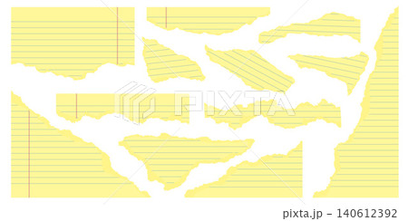 Yellow legal pad ripped paper for office and business memos. Textured notebook pieces of striped sheets with torn edge. Vector set with strokes for banner design and scrapbooking. Border and headline Yellow legal pad ripped paper for office and business memos. Textured notebook pieces of striped sheets with torn edge. Vector set with strokes for banner design and scrapbooking. Border and headline 140612392