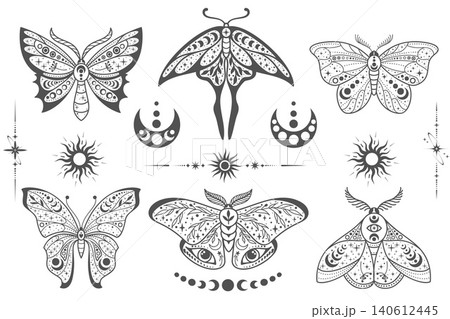 Mystic celestial moth with symbolic sun and moon. Vintage outline vector butterfly with floral elements for witchy tattoo and astrology graphics. 140612445