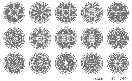 Circular gothic rosette with radial pattern. Vintage architectural element for cathedral decoration, emblem design, fantasy art and oriental ornamental projects. Vector illustration 140612446
