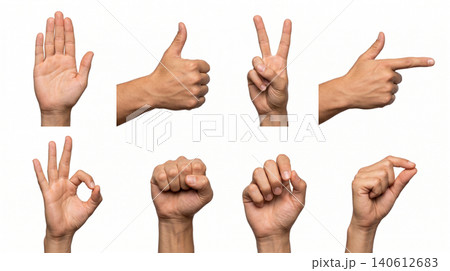 Set of various human hand gestures and signs on white background with gestures communication pointing counting expressing isolated background collection language nonverbal expression Set of various human hand gestures and signs on white background with gestures communication pointing counting expressing isolated background collection language nonverbal expression 140612683