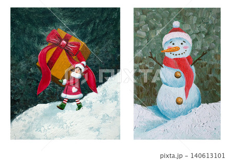 A set of hand-drawn New Year's illustrations. A girl elf carries a huge gift with a bow, delivered by Santa for the New Year. A cute, snowman offers a hug on Christmas Eve. For design, greeting cards. A set of hand-drawn New Year's illustrations. A girl elf carries a huge gift with a bow, delivered by Santa for the New Year. A cute, snowman offers a hug on Christmas Eve. For design, greeting cards. 140613101