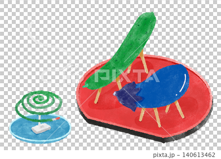 蚊取り線香とお盆にのった精霊馬と精霊牛の水彩イラスト 140613462