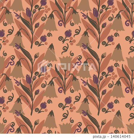 Elegant seamless pattern featuring stylized bell flowers, leaves, and whimsical vines in warm autumn tones for textiles, wallpaper, and apparel. 140614045