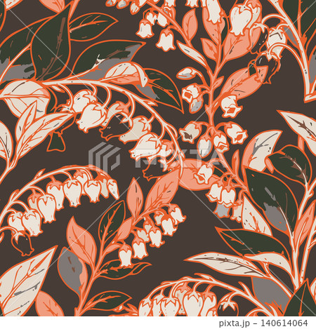 Vector floral seamless pattern featuring hand drawn blooming Pieris Japonica branch clusters on a dark background for textile design. 140614064