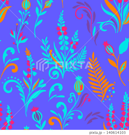 Vibrant seamless pattern featuring colorful folk art style flowers, wild herb and orange ferns over a bright violet background. Vibrant textile design Vibrant seamless pattern featuring colorful folk art style flowers, wild herb and orange ferns over a bright violet background. Vibrant textile design 140614103