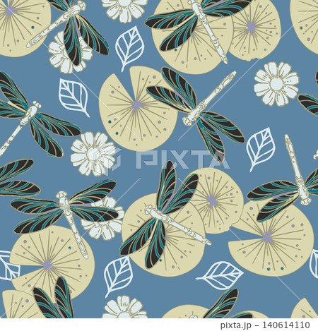 Artistic repeating pattern featuring hand drawn detailed dragonflies, pond lily pads, and white flowers for vintage luxury wallpaper and textile. Artistic repeating pattern featuring hand drawn detailed dragonflies, pond lily pads, and white flowers for vintage luxury wallpaper and textile. 140614110