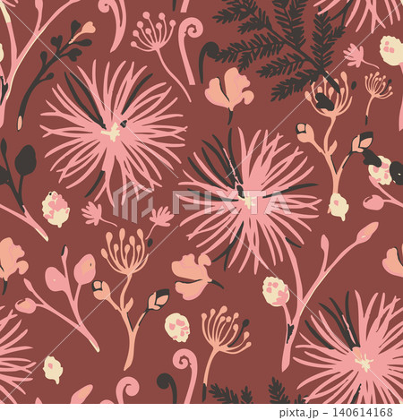 Vintage vector illustration featuring hand-drawn chrysanthemums, delicate buds, and wild ferns. Elegant repeating print for fabric and wallpaper. 140614168