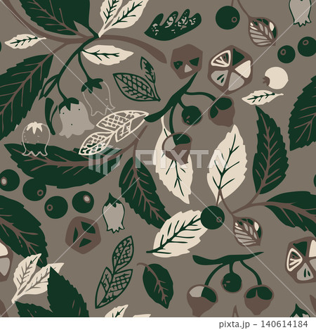Abstract seamless botanical pattern featuring hand-drawn woodland leaves, berries, and floral elements in muted organic earthy tones. 140614184