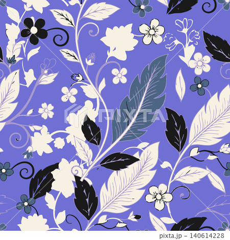 Elegant retro seamless background featuring white and black botanical leaves, feathers, and blooming wild flowers on a vibrant violet backdrop. Vector 140614228