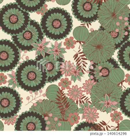 Retro botanical seamless pattern in muted green and brown tones. Elegant floral backdrop for textile prints, fabric, wallpaper, and wrapping paper Retro botanical seamless pattern in muted green and brown tones. Elegant floral backdrop for textile prints, fabric, wallpaper, and wrapping paper 140614296