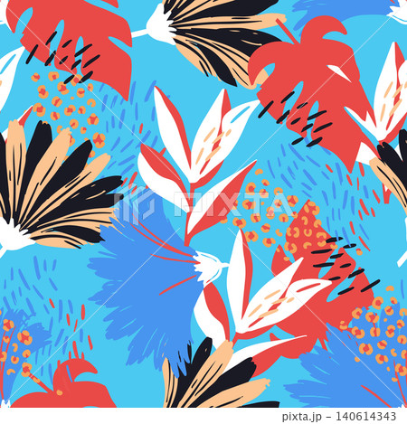 Vibrant tropical seamless pattern featuring hand drawn exotic monstera leaves, abstract jungle flowers, and animal print textures on bright blue Vibrant tropical seamless pattern featuring hand drawn exotic monstera leaves, abstract jungle flowers, and animal print textures on bright blue 140614343