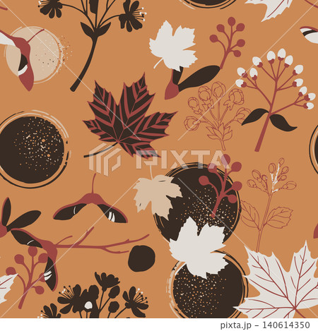 Seamless botanical pattern with hand drawn maple leaves, autumn foliage, samara seeds, and abstract textures on a warm brown background 140614350