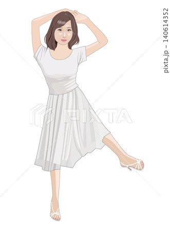 両手を頭の後ろ、片足を上げてポーズの若い女性イラスト 140614352