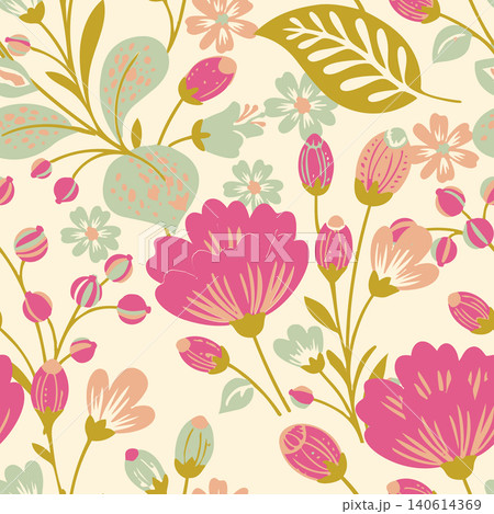 Charming botanical seamless pattern featuring pink blooms, buds, and mustard green foliage. Ideal for vintage textile prints and retro wallpaper 140614369