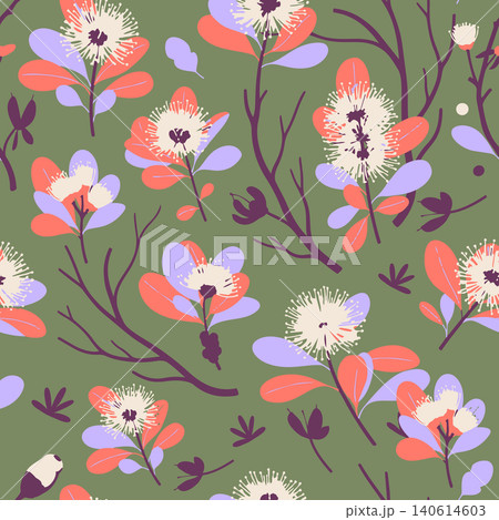 Elegant botanical seamless pattern featuring abstract eucalyptus flowers and branches in pastel coral, lavender, and white over a dark green backdrop. Elegant botanical seamless pattern featuring abstract eucalyptus flowers and branches in pastel coral, lavender, and white over a dark green backdrop. 140614603