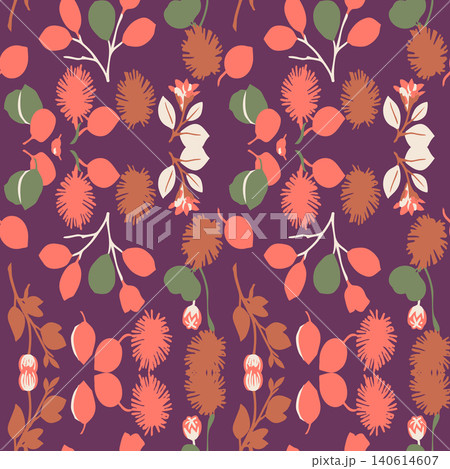 Symmetrical botanical seamless pattern featuring abstract Australian native flora in coral, sage, and terracotta tones on a dark purple backdrop. 140614607