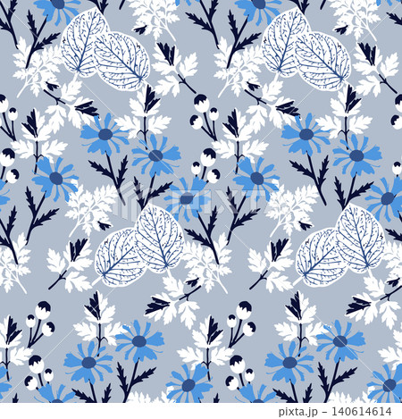 Scandic folk art seamless background featuring hand drawn blue wild flowers and white autumn leaves for luxury fashion textile, apparel, wallpaper. Scandic folk art seamless background featuring hand drawn blue wild flowers and white autumn leaves for luxury fashion textile, apparel, wallpaper. 140614614
