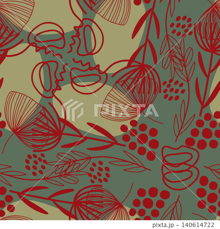 Modern seamless pattern featuring red continuous line art florals, organic shapes, and abstract berries over a muted olive green backdrop. 140614722