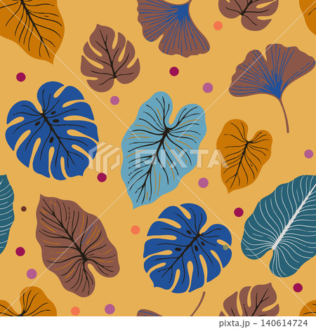 Modern botanical seamless pattern featuring colorful hand drawn monstera, ginkgo, and palm leaves over a warm mustard yellow backdrop. Vector art. 140614724