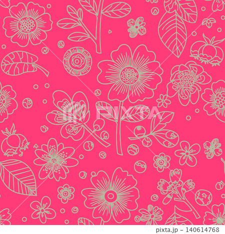 Elegant seamless floral pattern featuring hand-drawn botanical line art and blooming flowers on a vibrant pink backdrop. Ideal for textiles. 140614768