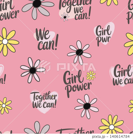 Empowering seamless pattern with Together We Can quotes, hearts, and daisies. Trendy Y2K aesthetic for feminist apparel, stationery, and gift wrap. Empowering seamless pattern with Together We Can quotes, hearts, and daisies. Trendy Y2K aesthetic for feminist apparel, stationery, and gift wrap. 140614784