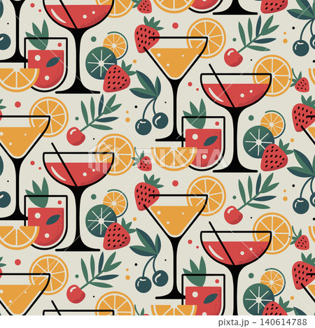Modern flat vector seamless pattern of summer cocktails, orange slices, and berries. Perfect for bar menus, party decor, textiles, and kitchenware. Modern flat vector seamless pattern of summer cocktails, orange slices, and berries. Perfect for bar menus, party decor, textiles, and kitchenware. 140614788