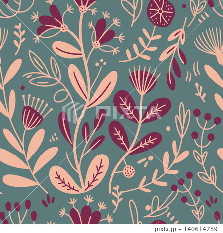 Artistic botanical seamless pattern featuring stylized Choisya Aztec Pearl flowers and leaves in a modern folk style. Perfect for fabric and wallpaper 140614789
