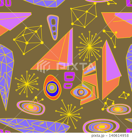 Vibrant seamless background featuring retro-futuristic geometric shapes, atomic starbursts, and abstract orbits in orange, purple, and yellow tones. 140614958