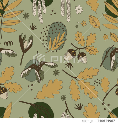 Elegant botanical background in muted earth tones featuring hand-drawn oak foliage, seeds, and acorns. Perfect for eco-conscious luxury branding. 140614967