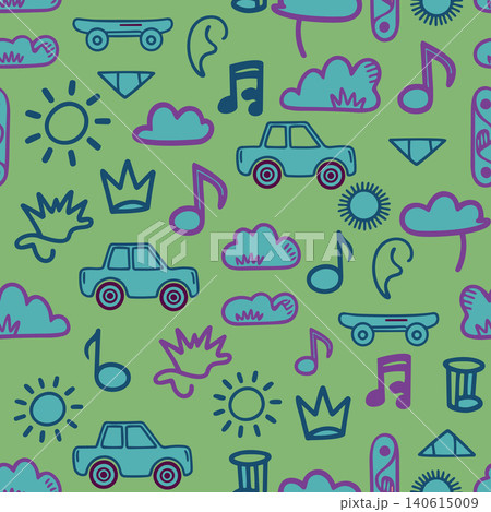 Playful hand drawn seamless pattern for boys and girls featuring transport, music, and sun doodles. Ideal for nursery textiles, apparel, and decor. Playful hand drawn seamless pattern for boys and girls featuring transport, music, and sun doodles. Ideal for nursery textiles, apparel, and decor. 140615009