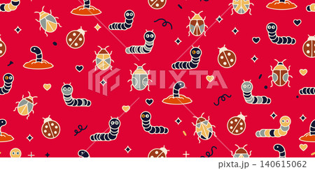 Whimsical nursery vector background with beetles, ladybirds, and worms. Adorable garden bug character pattern for textile, apparel, and baby decor. Whimsical nursery vector background with beetles, ladybirds, and worms. Adorable garden bug character pattern for textile, apparel, and baby decor. 140615062