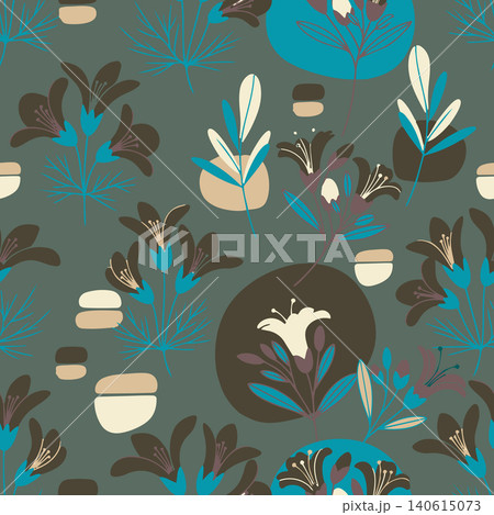 Elegant seamless pattern featuring abstract flowers and leaves in a retro teal and earthy brown palette. Ideal for home decor, textiles, and wallpaper Elegant seamless pattern featuring abstract flowers and leaves in a retro teal and earthy brown palette. Ideal for home decor, textiles, and wallpaper 140615073