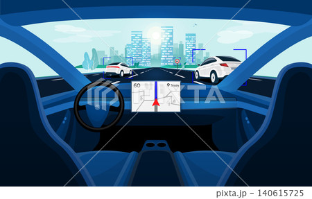 Autonomous Smart Driverless Car Self Driving. Car Interior dashboard view on Road Autonomous Smart Driverless Car Self Driving. Car Interior dashboard view on Road 140615725