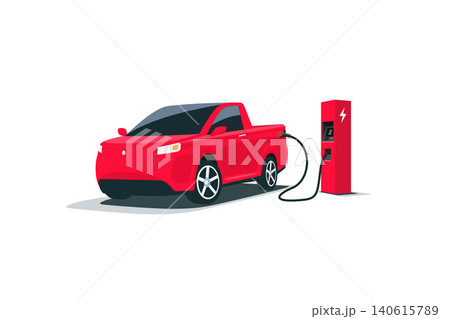 Modern Electric Pickup Truck Car Charging Parking at the Charger Station Modern Electric Pickup Truck Car Charging Parking at the Charger Station 140615789