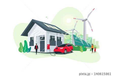 Electric Car Charging at Home with Solar Panels and Wind Power Station and Green City Skyline 140615861