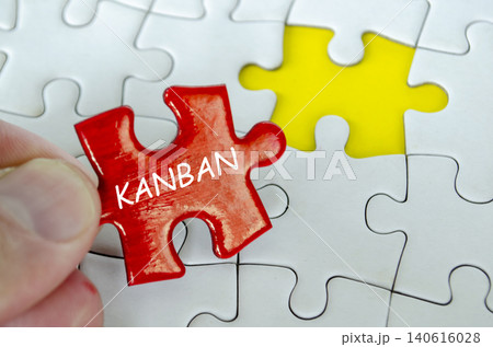 KANBAN text on red jigsaw puzzle representing Kanban systems for workflow visibility and productivity enhancement 140616028