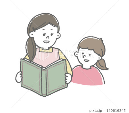 本を読む親子 先生と園児 本を読む親子 先生と園児 140616245