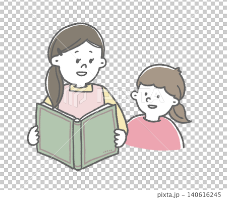 本を読む親子 先生と園児 本を読む親子 先生と園児 140616245